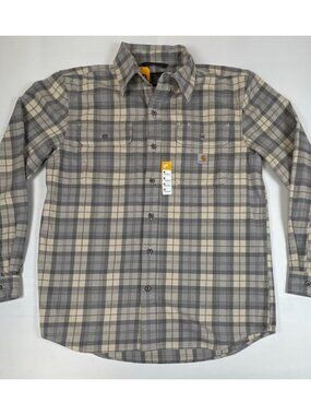 Carhartt Men M Grey Cream Plaid Loose Fit Long Sleeve Button Up Shirt